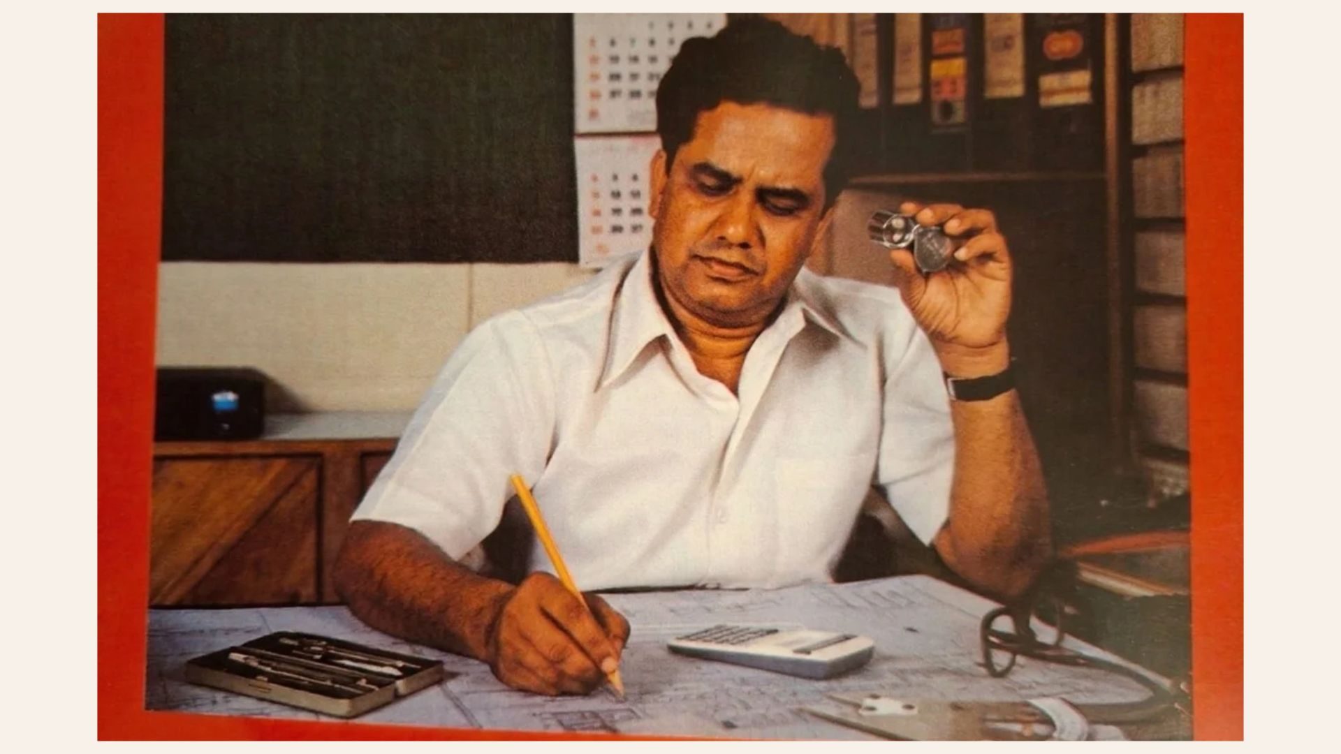 R. S. Advani and his drawing board, 1974. 