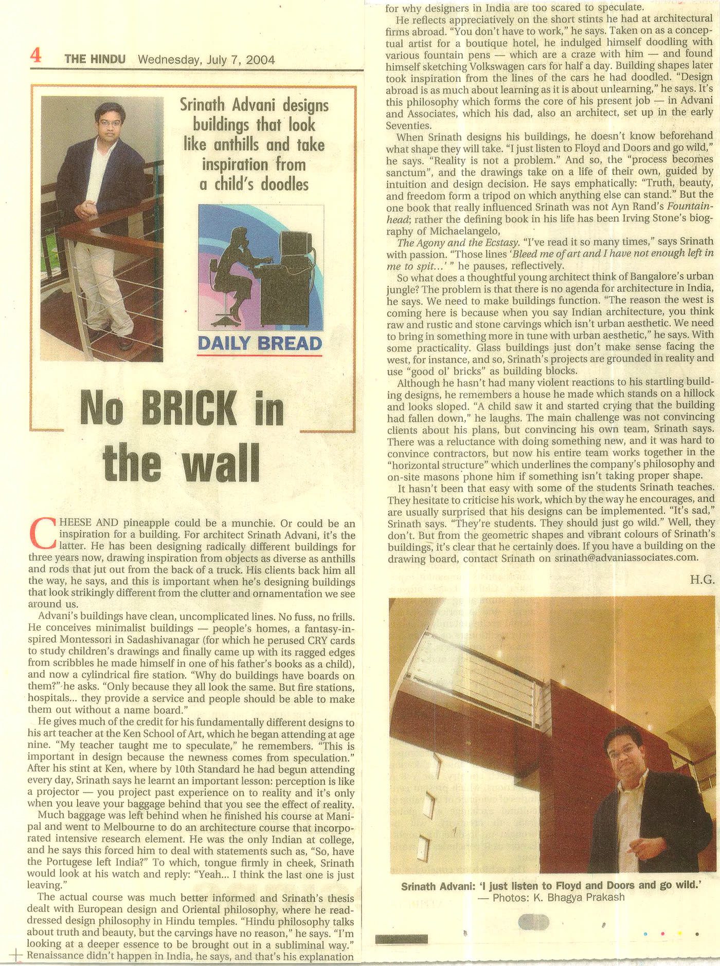 Advani & Associates press feature — The Hindu — “No Brick in the Wall”, 7 July 2004